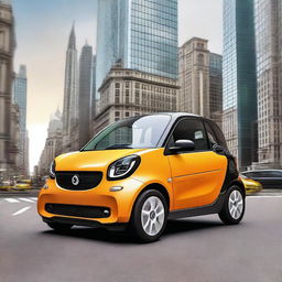 A high-quality 3D render of a Fortwo Smart Car driving through a bustling cityscape