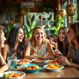 A medium shot of a young woman named Emma sitting at a lively lunch table, joyfully reconnecting with friends