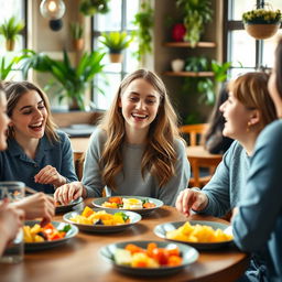 A medium shot of a young woman named Emma sitting at a lively lunch table, joyfully reconnecting with friends