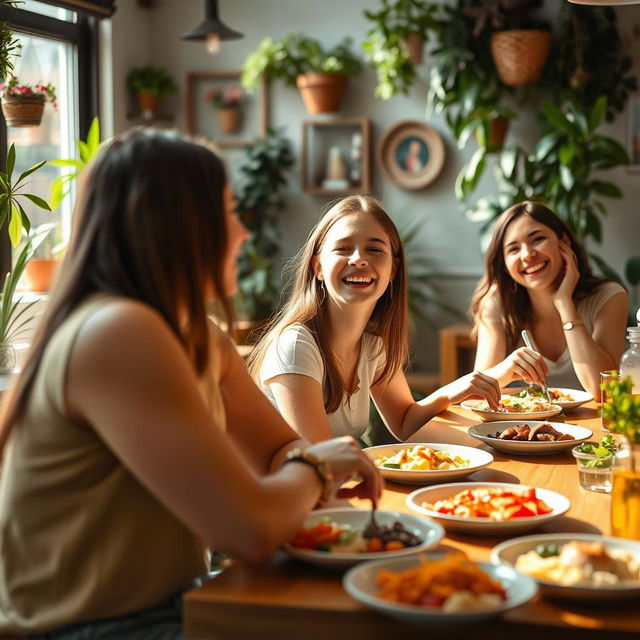 A medium shot of a young woman named Emma sitting at a lively lunch table, joyfully reconnecting with friends