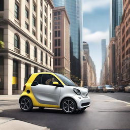 A high-quality 3D render of a Fortwo Smart Car driving through a bustling cityscape