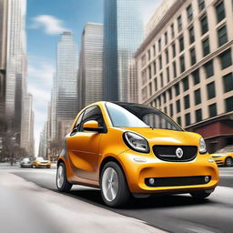 A high-quality 3D render of a Fortwo Smart Car driving through a bustling cityscape