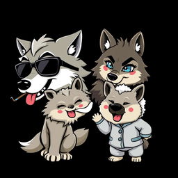 A chibi-style caricature logo featuring four wolf characters, each showcasing unique personalities