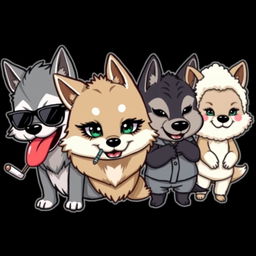 A chibi-style caricature logo featuring four wolf characters, each showcasing unique personalities