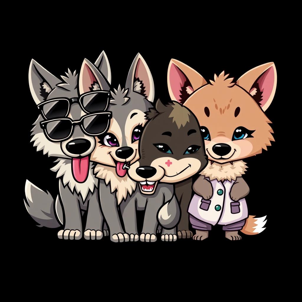 A chibi-style caricature logo featuring four wolf characters, each showcasing unique personalities