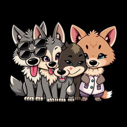 A chibi-style caricature logo featuring four wolf characters, each showcasing unique personalities