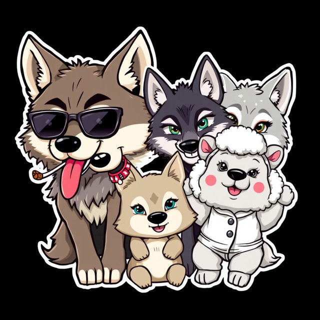 A chibi-style caricature logo featuring four wolf characters, each showcasing unique personalities