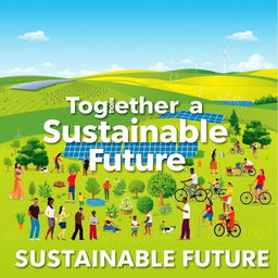 A visually striking poster promoting sustainability, featuring a vibrant green landscape with a clear blue sky
