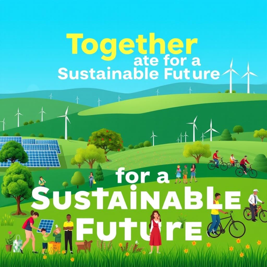 A visually striking poster promoting sustainability, featuring a vibrant green landscape with a clear blue sky