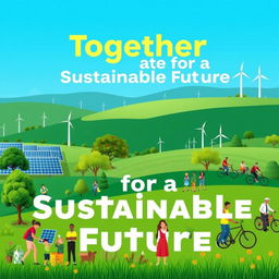 A visually striking poster promoting sustainability, featuring a vibrant green landscape with a clear blue sky