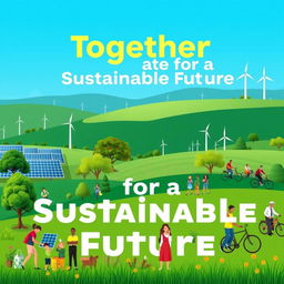 A visually striking poster promoting sustainability, featuring a vibrant green landscape with a clear blue sky