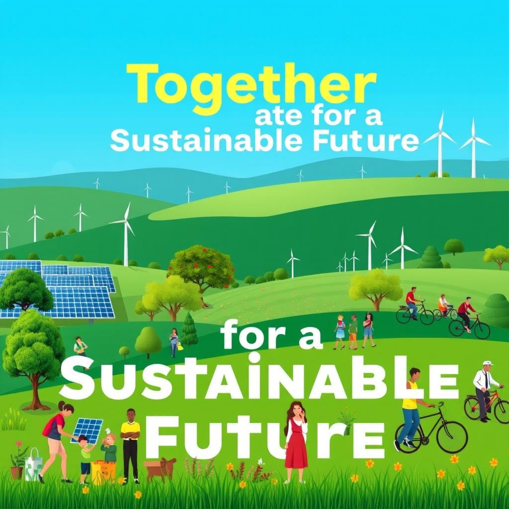 A visually striking poster promoting sustainability, featuring a vibrant green landscape with a clear blue sky