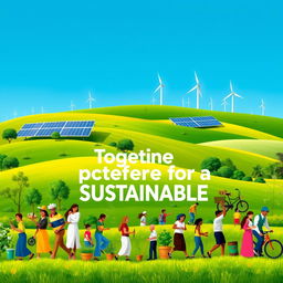 A visually striking poster promoting sustainability, featuring a vibrant green landscape with a clear blue sky