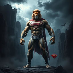 A realistic and creative depiction of a dangerous hybrid creature combining elements of Superman and a lion
