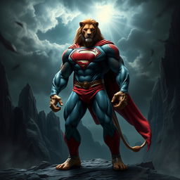 A realistic and creative depiction of a dangerous hybrid creature combining elements of Superman and a lion