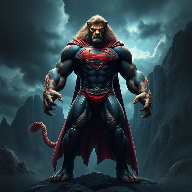 A realistic and creative depiction of a dangerous hybrid creature combining elements of Superman and a lion