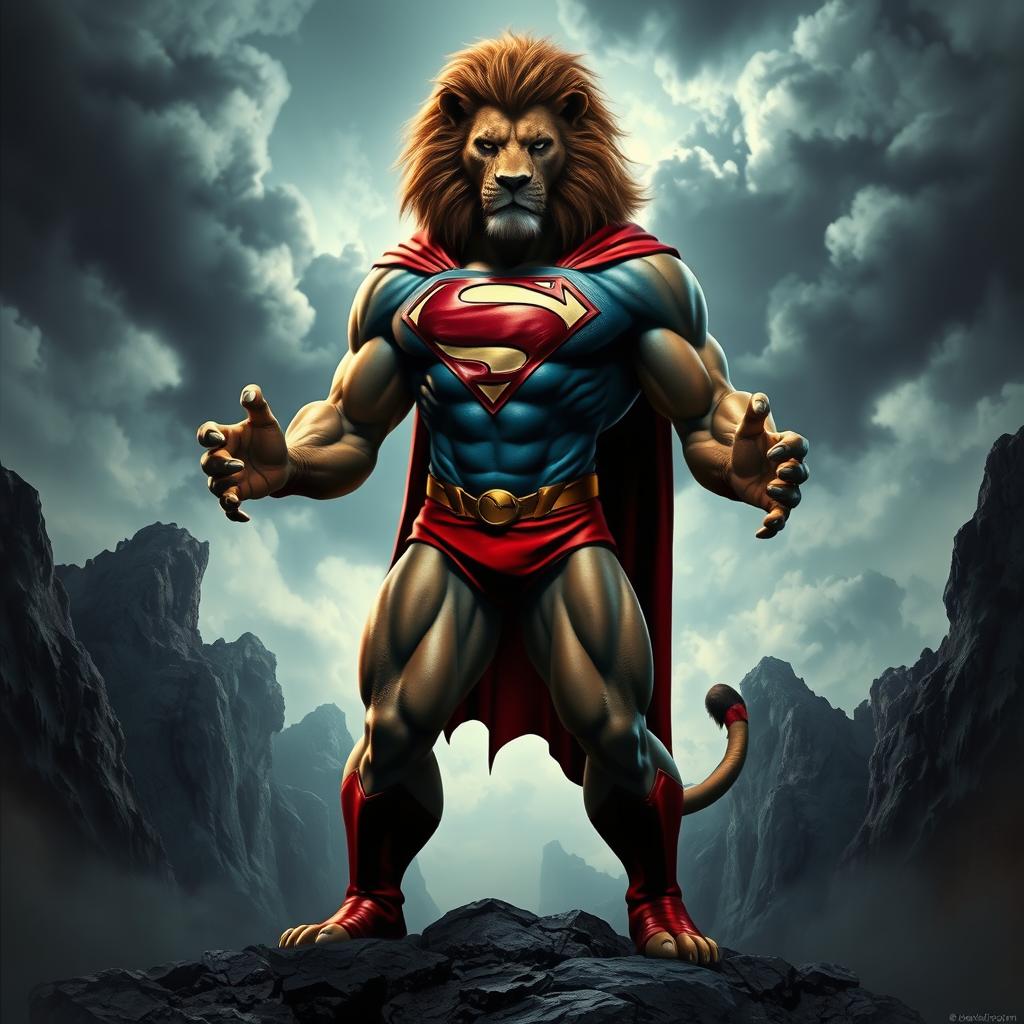 A realistic and creative depiction of a dangerous hybrid creature combining elements of Superman and a lion