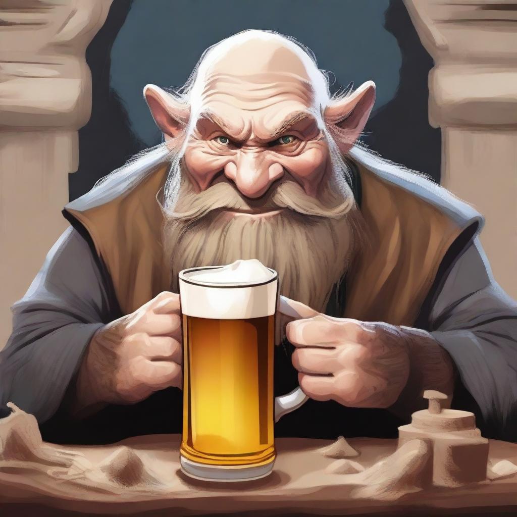 Create a high-quality digital art piece that depicts a dwarven character enjoying a mug of frothy beer, with a Gollum-like creature curiously peering at the mug