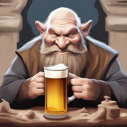 Create a high-quality digital art piece that depicts a dwarven character enjoying a mug of frothy beer, with a Gollum-like creature curiously peering at the mug