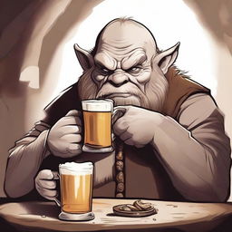 Create a high-quality digital art piece that depicts a dwarven character enjoying a mug of frothy beer, with a Gollum-like creature curiously peering at the mug