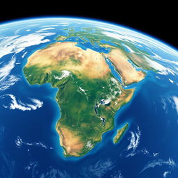 A breathtaking view of Planet Earth from space, showcasing the deep blues of the oceans contrasted with the vibrant greens of lush vegetation and extensive forests
