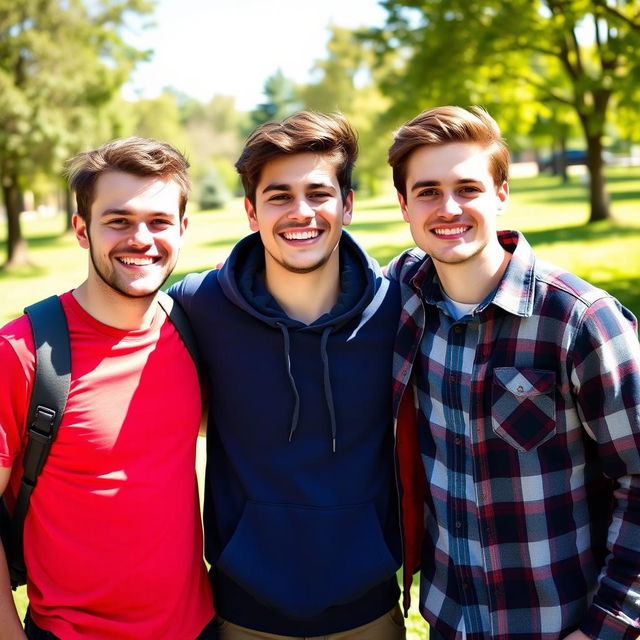 A vibrant and candid photograph of three friends hanging out together, all male, smiling and enjoying their time outdoors