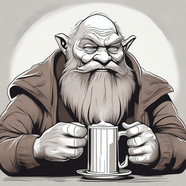 Create a high-quality digital art piece that depicts a dwarven character enjoying a mug of frothy beer, with a Gollum-like creature curiously peering at the mug