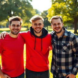 A vibrant and candid photograph of three friends hanging out together, all male, smiling and enjoying their time outdoors