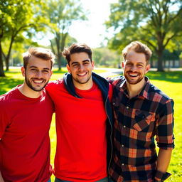 A vibrant and candid photograph of three friends hanging out together, all male, smiling and enjoying their time outdoors