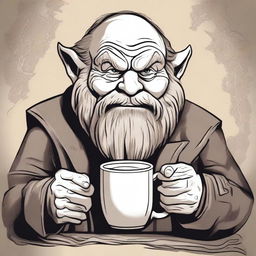 Create a high-quality digital art piece that depicts a dwarven character enjoying a mug of frothy beer, with a Gollum-like creature curiously peering at the mug