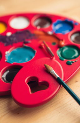 A vibrant red painter's palette with a heart-shaped thumb hole, accompanied by a delicate paintbrush resting beside it