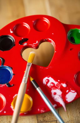 A vibrant red painter's palette with a heart-shaped thumb hole, accompanied by a delicate paintbrush resting beside it