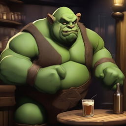 Generate a high-quality digital art image of an Ogre barkeep in a bustling tavern