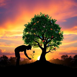 A stunning silhouette of a person bending down to plant a small tree, which grows into a giant, flourishing tree
