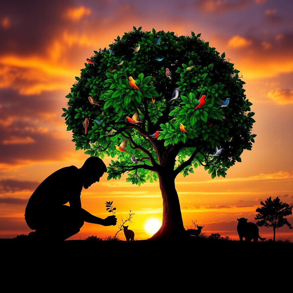 A stunning silhouette of a person bending down to plant a small tree, which grows into a giant, flourishing tree