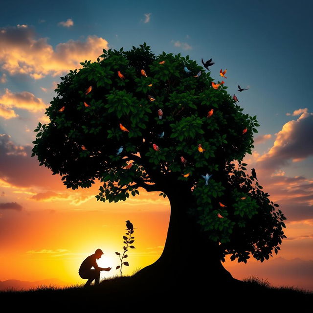 A stunning silhouette of a person bending down to plant a small tree, which grows into a giant, flourishing tree