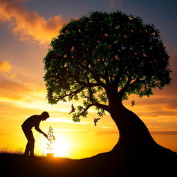 A stunning silhouette of a person bending down to plant a small tree, which grows into a giant, flourishing tree