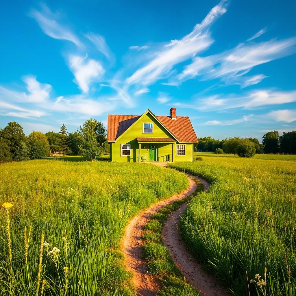 A picturesque home nestled in a vibrant green field, the exterior of the house painted in a soft, inviting green color that complements the lush surroundings