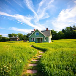 A picturesque home nestled in a vibrant green field, the exterior of the house painted in a soft, inviting green color that complements the lush surroundings