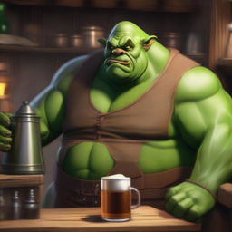 Generate a high-quality digital art image of an Ogre barkeep in a bustling tavern