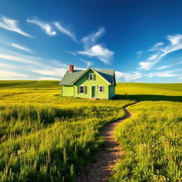 A picturesque home nestled in a vibrant green field, the exterior of the house painted in a soft, inviting green color that complements the lush surroundings