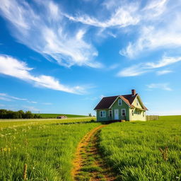 A picturesque home nestled in a vibrant green field, the exterior of the house painted in a soft, inviting green color that complements the lush surroundings