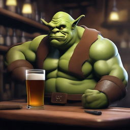 Generate a high-quality digital art image of an Ogre barkeep in a bustling tavern