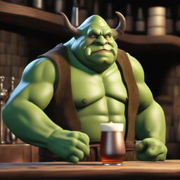 Generate a high-quality digital art image of an Ogre barkeep in a bustling tavern