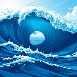 An illustration of a massive wave like a tsunami, capturing the dynamic motion and powerful crash of the water