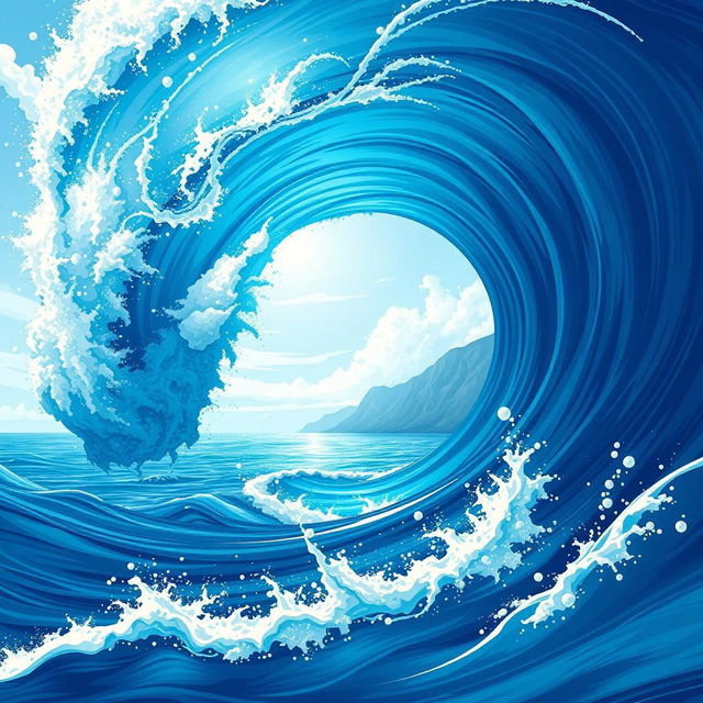 An illustration of a massive wave like a tsunami, capturing the dynamic motion and powerful crash of the water