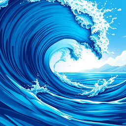 An illustration of a massive wave like a tsunami, capturing the dynamic motion and powerful crash of the water