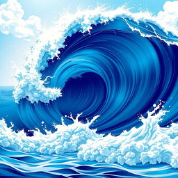 An illustration of a massive wave like a tsunami, capturing the dynamic motion and powerful crash of the water