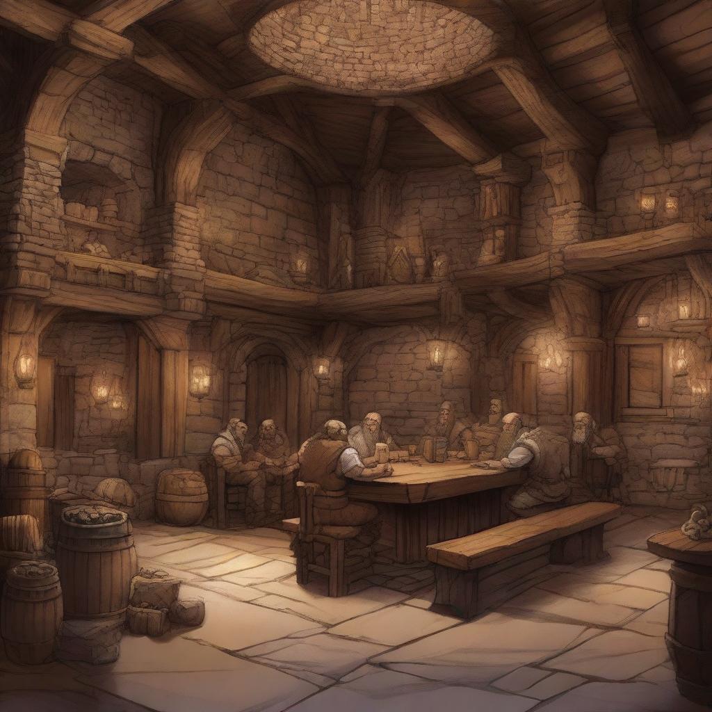 Craft a high-quality digital art image showcasing a large dwarven tavern