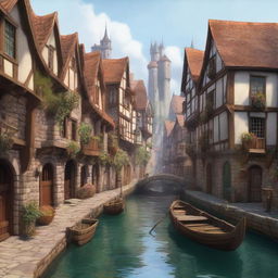 Create a high-quality digital art image depicting a small city port in the style of Dungeons and Dragons